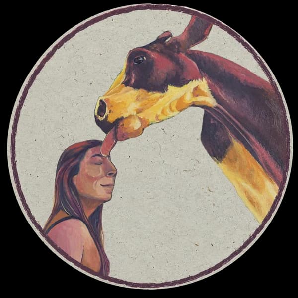 vegan is arte — ilustración de una vaca lamiendo la frente de una mujer
