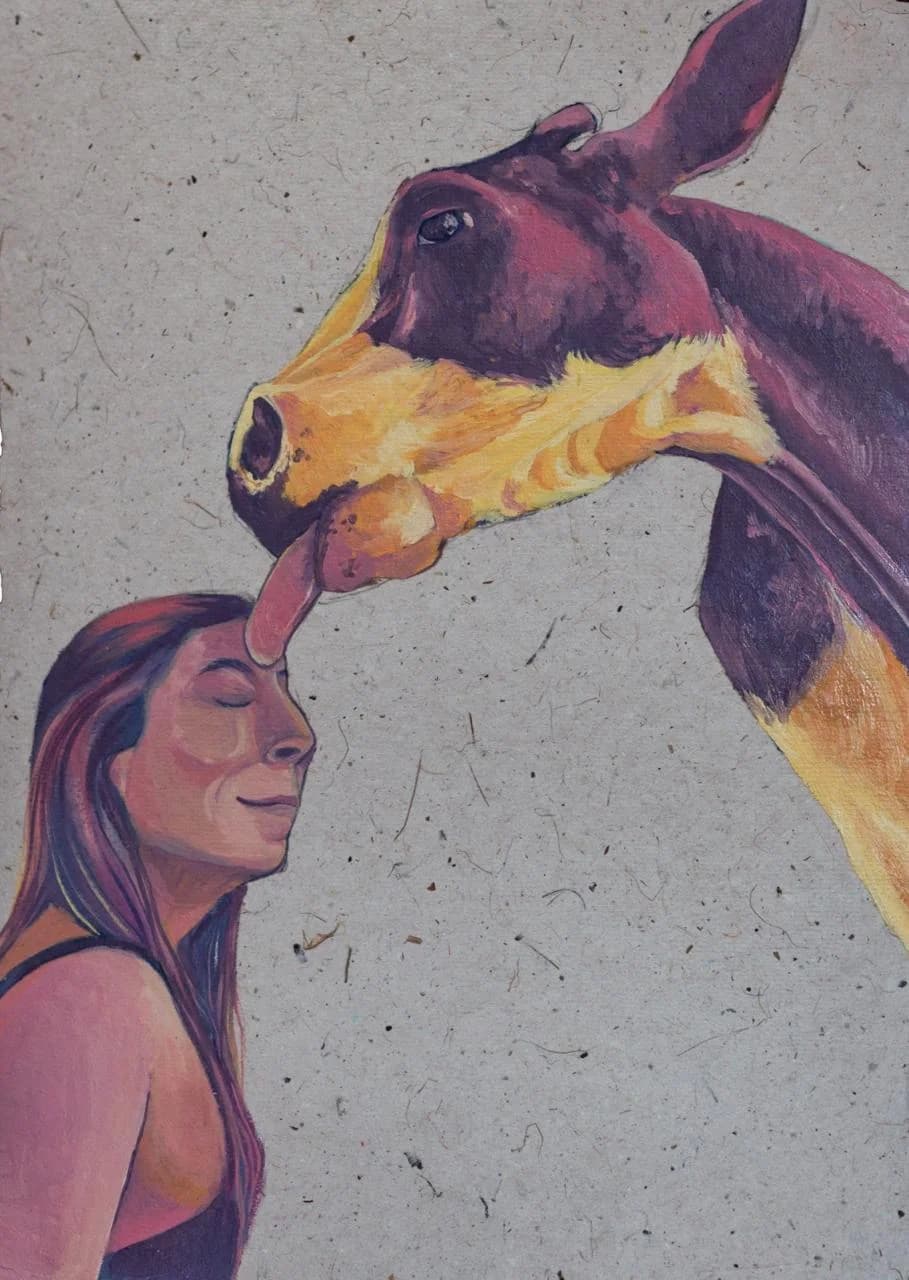 pintura de eli castro del río: una vaca lame con ternura la frente de una mujer